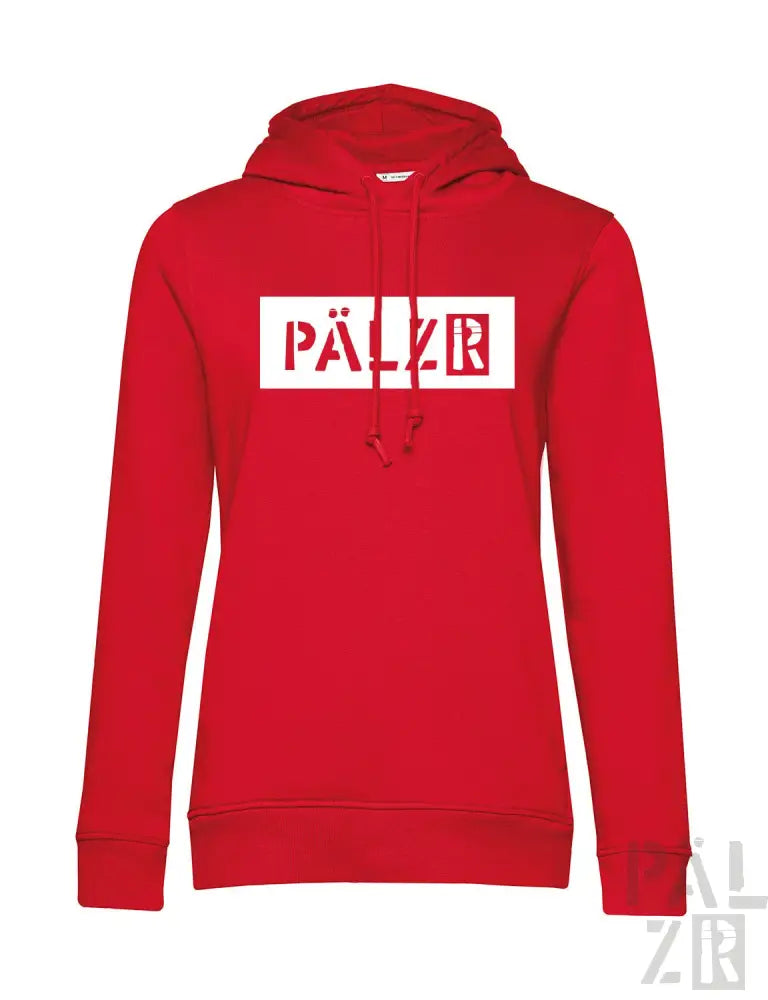 Roter Hoodie mit ‘pälzr’-Logo in weißem Kasten und schwarzem Text.