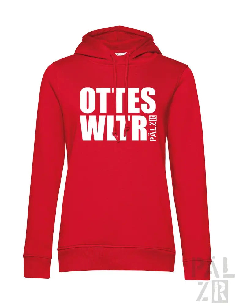 Rote Kapuzenjacke mit weißem Text und Design, wahrscheinlich aus Baumwolle oder Polyester-Mischung.