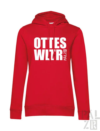 Rote Kapuzenjacke mit weißem Text und Design, wahrscheinlich aus Baumwolle oder Polyester-Mischung.