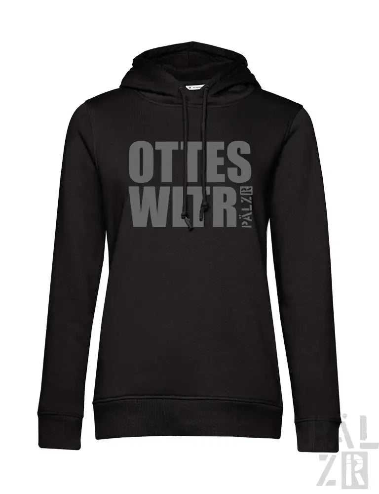 Schwarzer Hoodie mit ‚ottes wit‘r‘-Text und Kapuze, aus Baumwolle.
