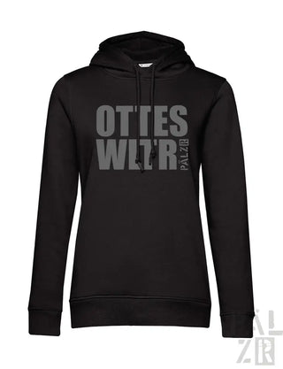 Schwarzer Hoodie mit ‚ottes wit‘r‘-Text und Kapuze, aus Baumwolle.
