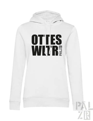 Weiße Hoodie mit schwarzem Textdesign, ‚ottes wltr palz18‘ auf der Vorderseite.