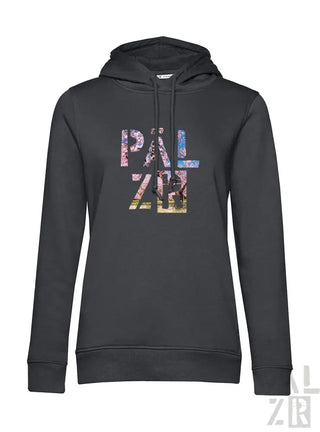 Anthrazitgrauer Hoodie mit ’pal zer’ Grafikdesign mit Galaxie-Druck.