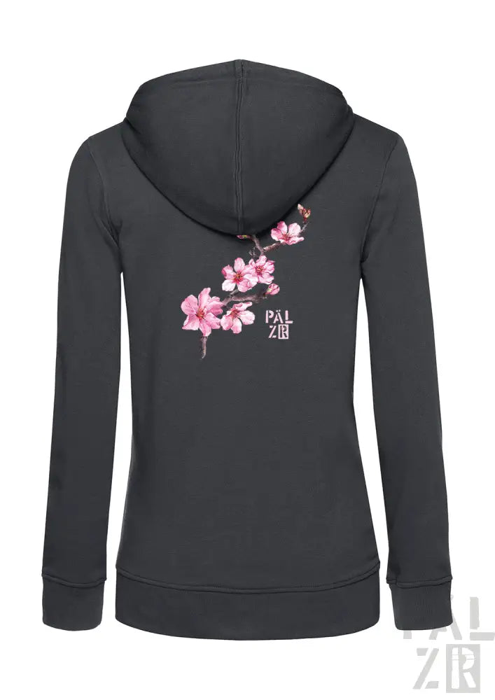 Anthrazitgrauer Hoodie mit rosa Kirschblüten-Design und ’palzib’-Logo.