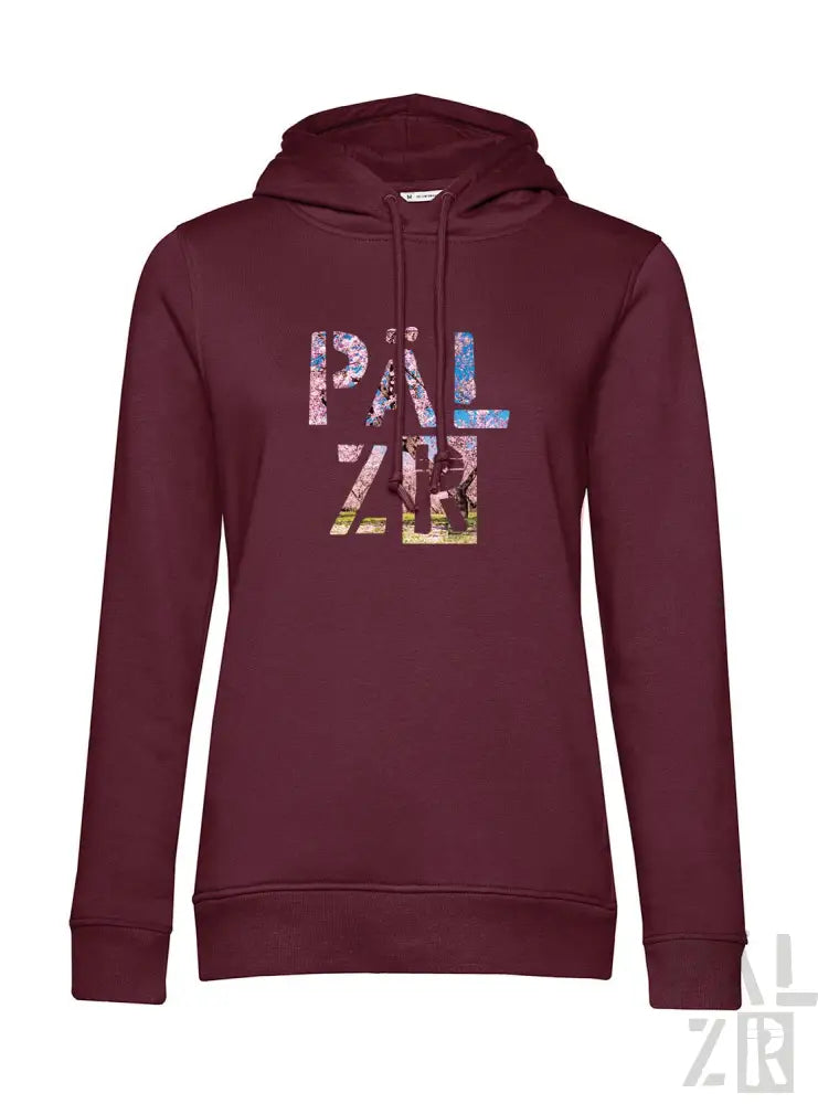 Bordeaux-Farbenes Hoodie mit ’pal zib’ Grafikdesign, hergestellt aus weichem Baumwollmischgewebe.