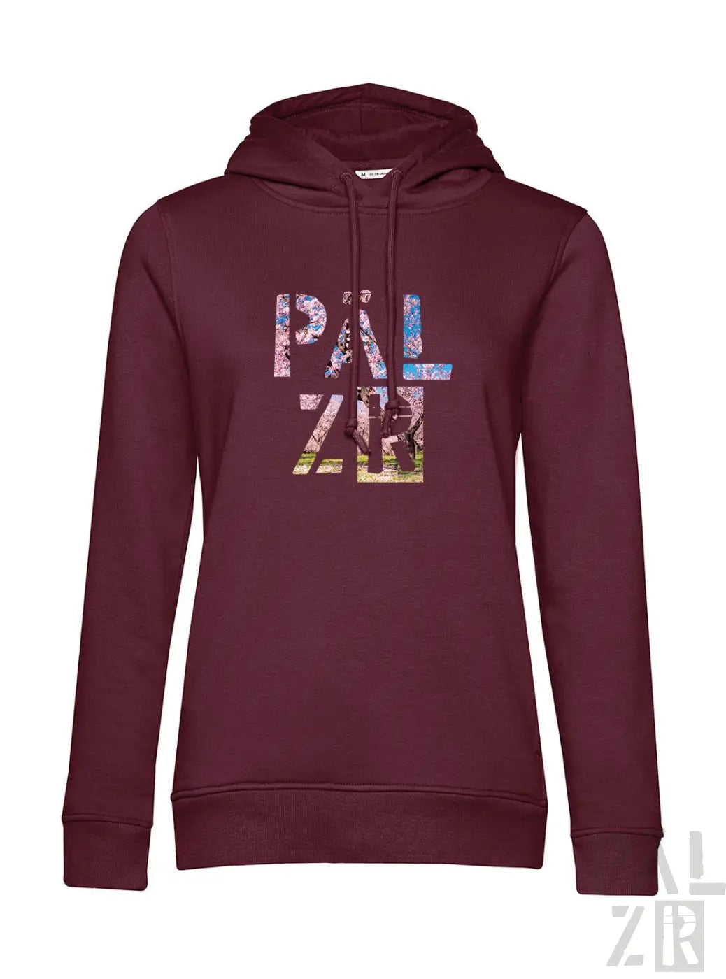 Frauen hoodie in burgundy mit pal zib grafik aus weichem baumwollmischgewebe aus der pälzr mandelblüte kollektion