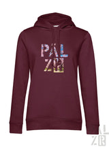 Frauen hoodie in burgundy mit pal zib grafik aus weichem baumwollmischgewebe aus der pälzr mandelblüte kollektion