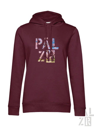 Frauen hoodie in burgundy mit pal zib grafik aus weichem baumwollmischgewebe aus der pälzr mandelblüte kollektion