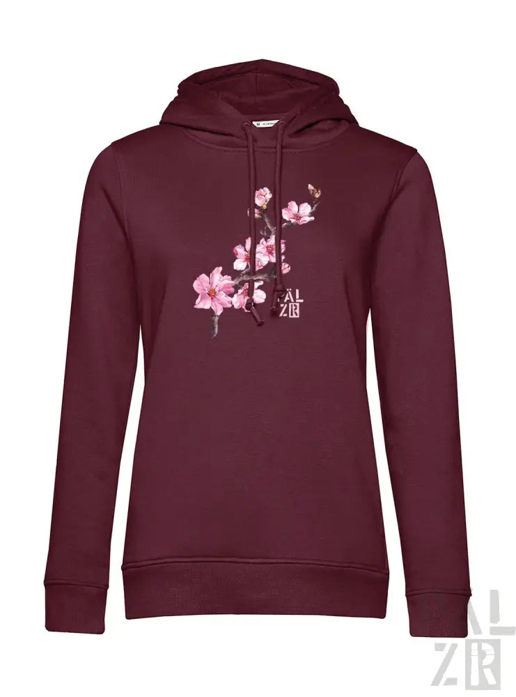 Bordeauxfarbene Kapuzenjacke mit Kirschblüten-Design und Kapuze, wahrscheinlich aus Baumwolle oder Polyester-Mischung gefertigt.