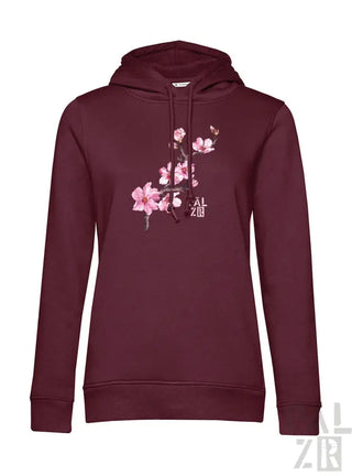 Bordeauxfarbene Kapuzenjacke mit Kirschblüten-Design und Kapuze, wahrscheinlich aus Baumwolle oder Polyester-Mischung gefertigt.