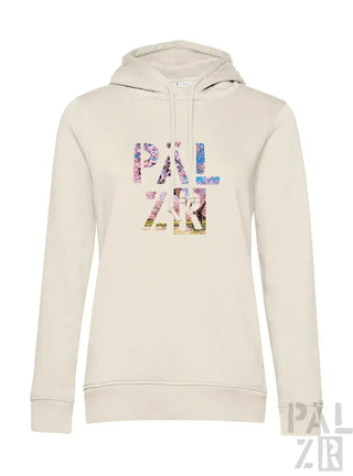 Cremeweiße Kapuzenjacke mit floralem ’palzar’- Grafikdesign, mit Kordelkapuze und langen Ärmeln.
