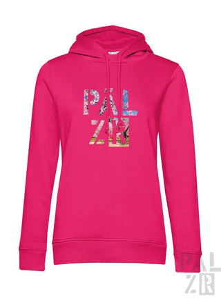 Rosa Hoodie mit ’palzir’ Grafikdesign, aus Fleece-Material gefertigt.