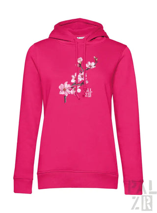 Rosa Hoodie mit Kirschblüten-Design und Kapuze, aus Fleece-Material gefertigt.