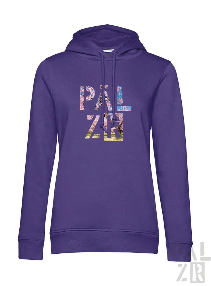 Lila Hoodie mit ’pal zib’ Grafikdesign, hergestellt aus einer Baumwoll- und Polyestermischung.