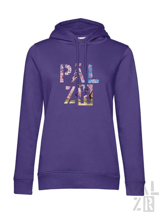 Lila Hoodie mit ’pal zib’ Grafikdesign, hergestellt aus einer Baumwoll- und Polyestermischung.