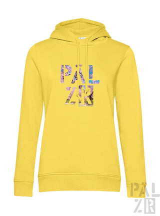 Gelbes Hoodie mit floralem ’palzbr’-Design auf der Vorderseite, aus weichem Baumwollstoff.