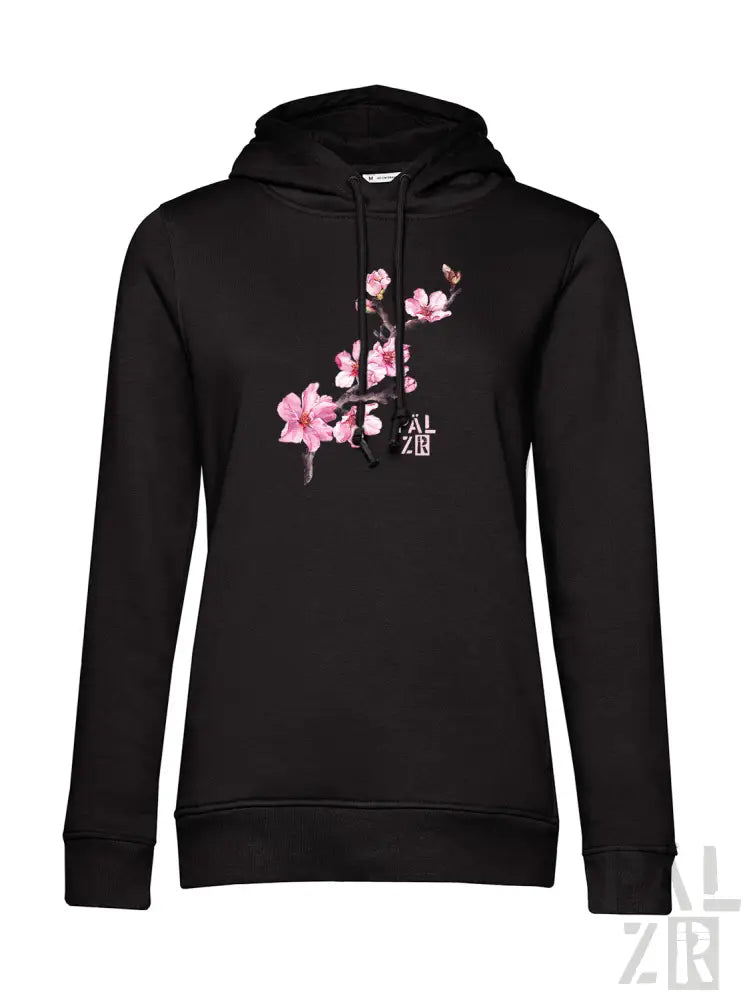 Schwarzes Hoodie mit pinkem Kirschblüten-Design und weißem Text auf der Vorderseite.