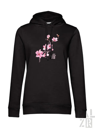 Schwarzes Hoodie mit pinkem Kirschblüten-Design und weißem Text auf der Vorderseite.