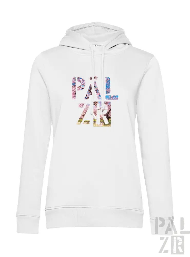 Weiße Hoodie mit farbenfrohem floralem ’palzir’ Grafikdesign.