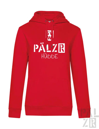 Rote Kapuzenjacke mit weißem Text und Design, mit ’pälzer hüdde’ in fetten Buchstaben.