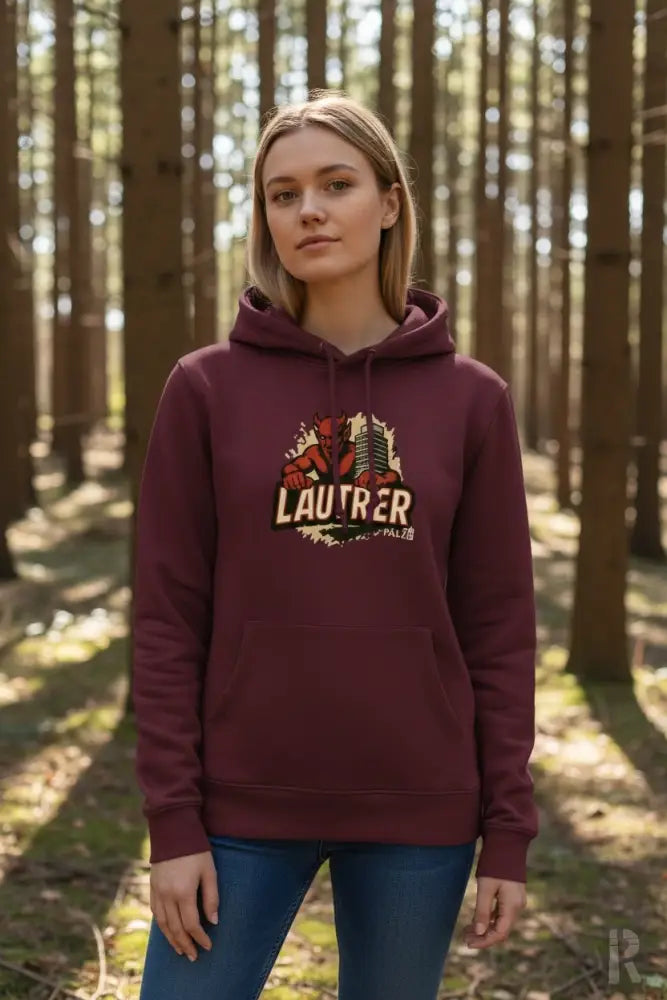 Bordeaux-Farbenes Hoodie mit Drachendesign und ’lautrer’-Text, aus Baumwolle.