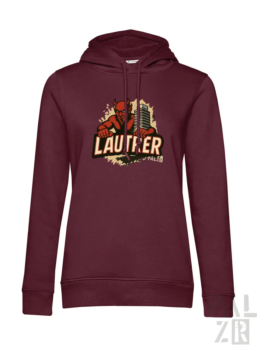 Bordeauxfarbene Kapuzenjacke mit Grafikdesign einer roten Figur, die ein Mikrofon hält, und dem Wort ’lauter’ in fetten Buchstaben.