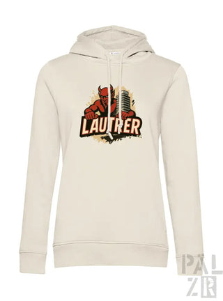 Cremeweiße Hoodie mit Teufel-Design und ’lautrer’-Text, aus weichem Baumwollstoff gefertigt.
