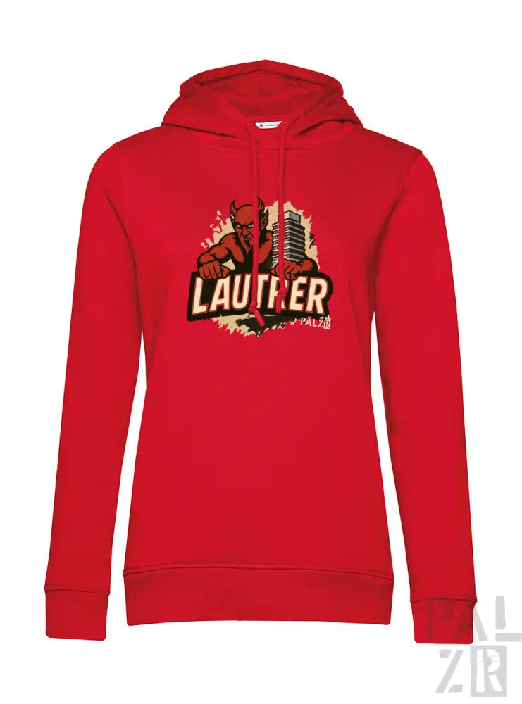 Roter Hoodie mit „lauter“-Grafikdesign, das eine Hand zeigt, die ein Mikrofon hält, aus Baumwollmischgewebe.