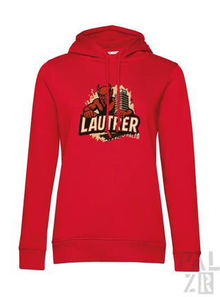 Roter Hoodie mit „lauter“-Grafikdesign, das eine Hand zeigt, die ein Mikrofon hält, aus Baumwollmischgewebe.