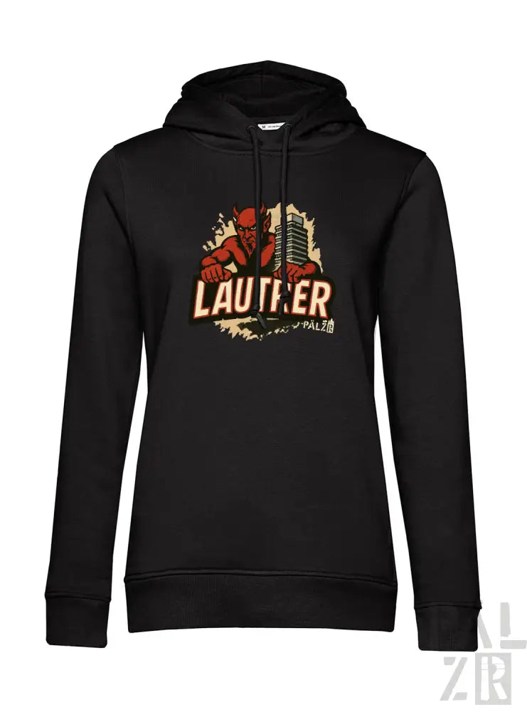 Schwarze Hoodie mit rotem Superhelden-Grafik und ’lauter’ Text in Orange.