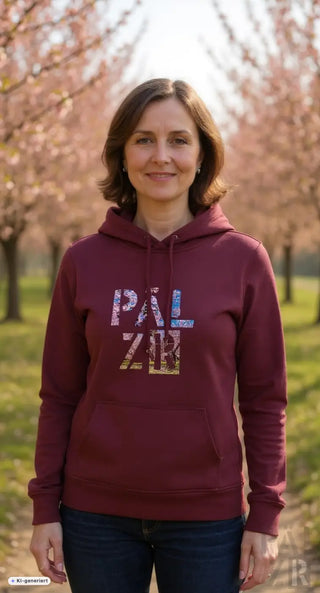 Frauen hoodie palzr mandelblüte in dunkelrot mit farbig strukturiertem pal zb grafik auf der brust