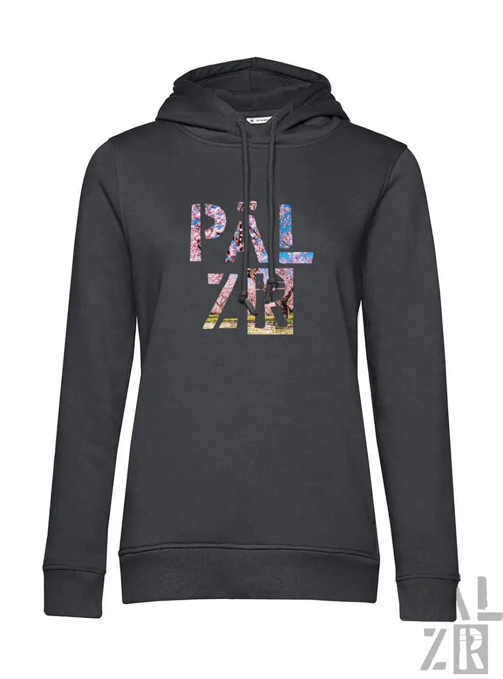 Schwarzer frauen hoodie mit buntem palz muster und palzr mandelblüte design in verschiedenen farben