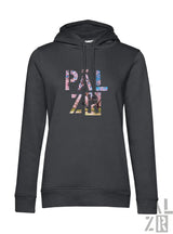 Schwarzer frauen hoodie mit buntem palz muster und palzr mandelblüte design in verschiedenen farben