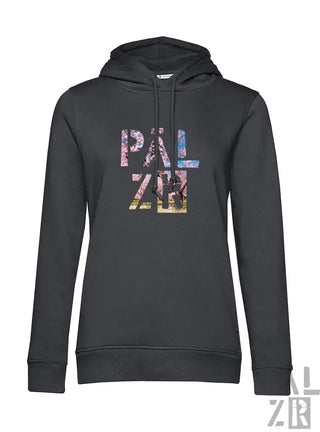 Schwarzer frauen hoodie mit buntem palz muster und palzr mandelblüte design in verschiedenen farben