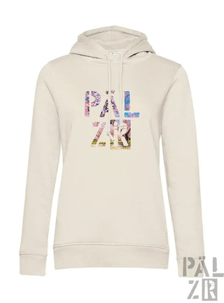 Beige frauen hoodie mit buntem pal zr muster auf der brust aus der pärlzr mandelblüte kollektion