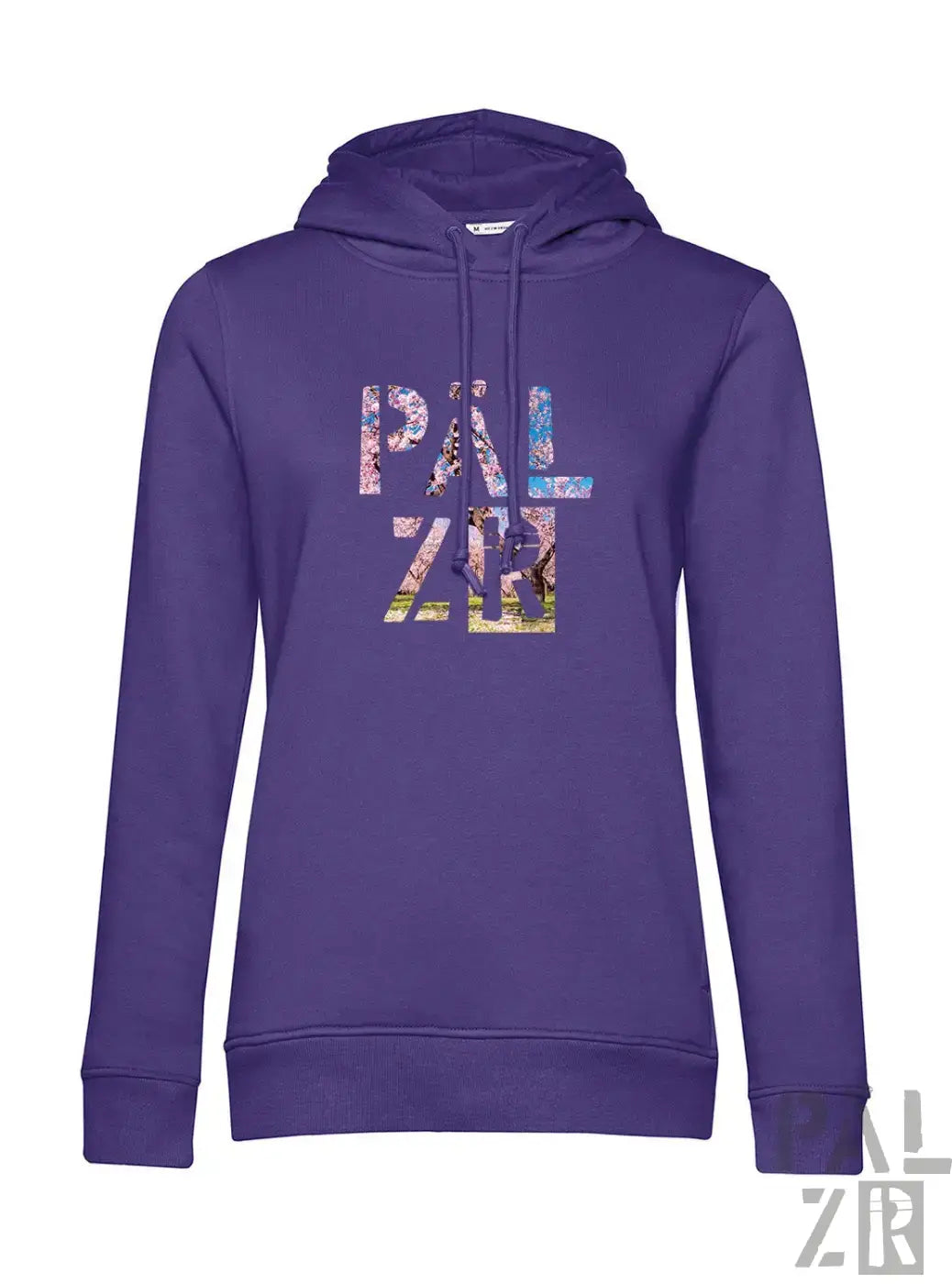 Frauen hoodie in lila mit buntem pal zr muster auf der brust aus weichem sweatstoff in verschiedenen farben