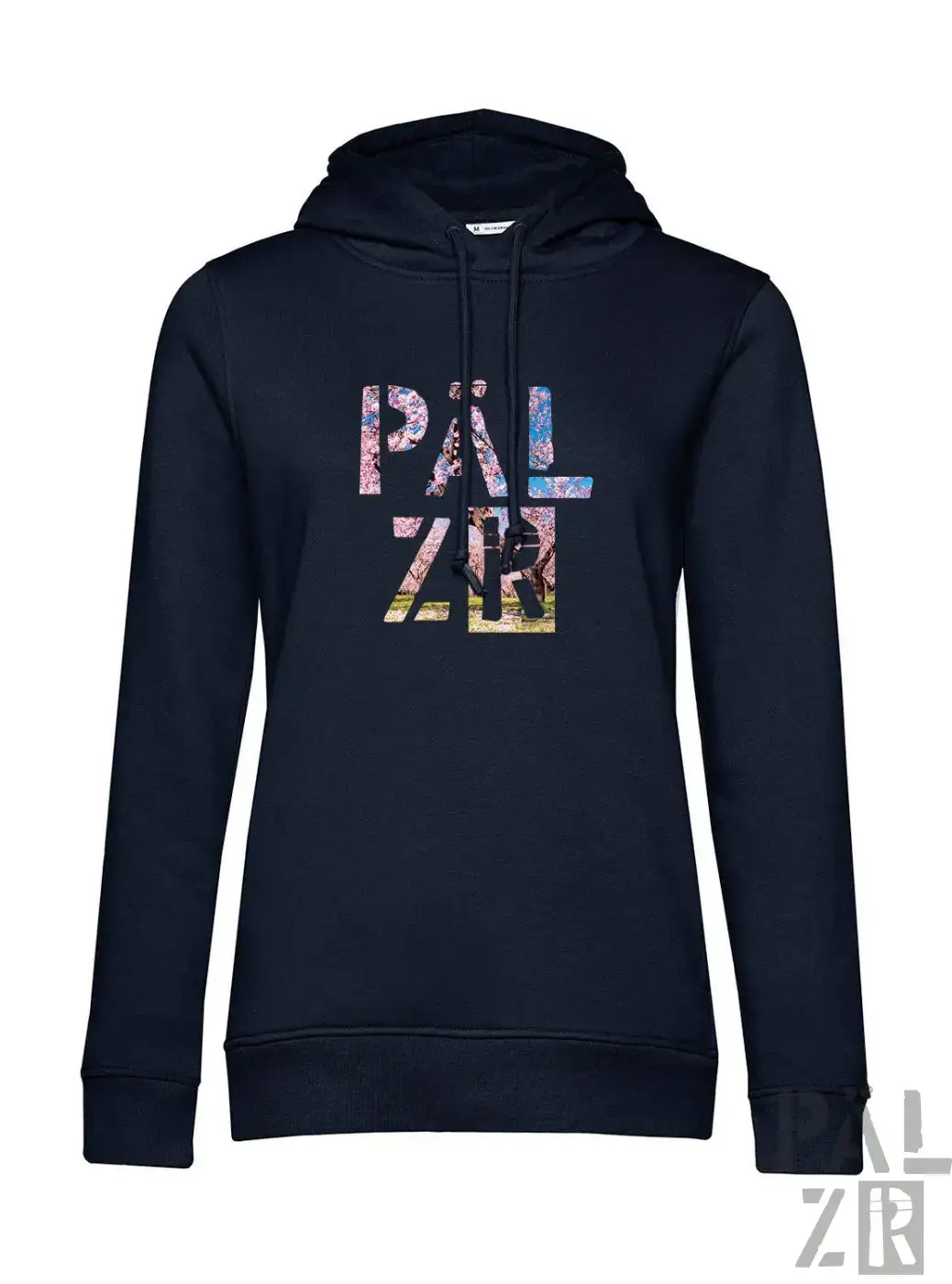 Schwarzer frauen hoodie mit buntem texturiertem pälz r grafik auf der brust aus mandelblüte kollektion