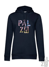 Schwarzer frauen hoodie mit buntem texturiertem pälz r grafik auf der brust aus mandelblüte kollektion