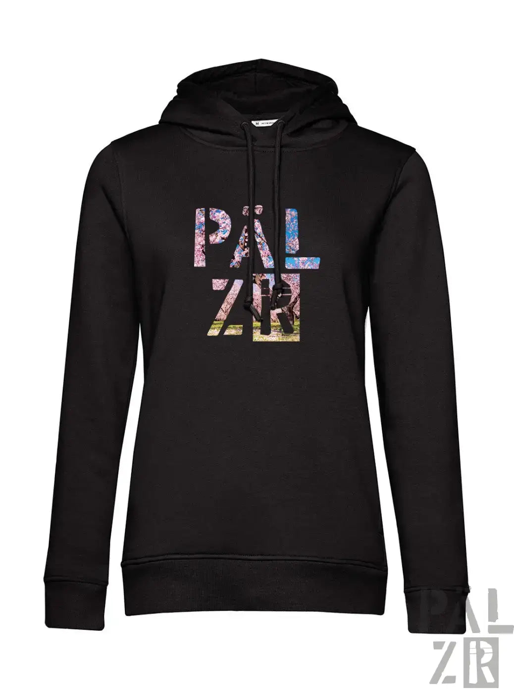 Schwarzer frauen hoodie mit buntem texturiertem pälz grafikprint auf der brust aus weicher baumwolle