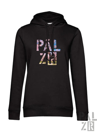 Schwarzer frauen hoodie mit buntem texturiertem pälz grafikprint auf der brust aus weicher baumwolle