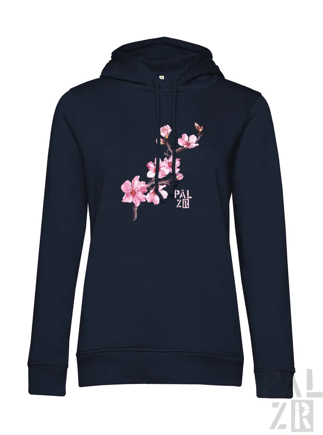 Frauen hoodie in navyblue mit zartem pinkem mandelzweig und text pal zib größe m outlet einzelstück