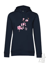 Frauen hoodie in navyblue mit zartem pinkem mandelzweig und text pal zib größe m outlet einzelstück