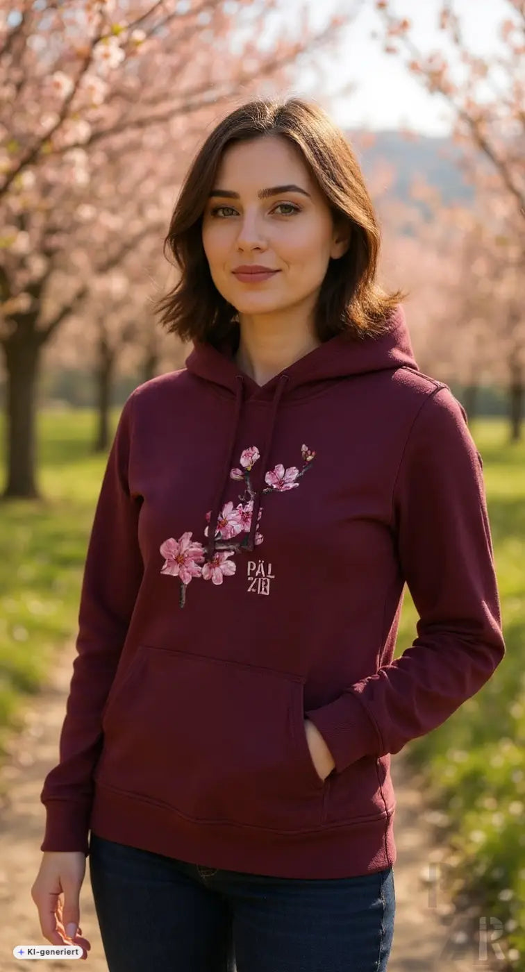 Maroon hoodie mit rosa kirschblüten stickerei und pal zid schriftzug auf der brust aus der pälzr mandelzweig kollektion