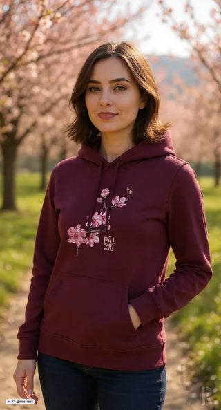 Maroon hoodie mit rosa kirschblüten stickerei und pal zid schriftzug auf der brust aus der pälzr mandelzweig kollektion