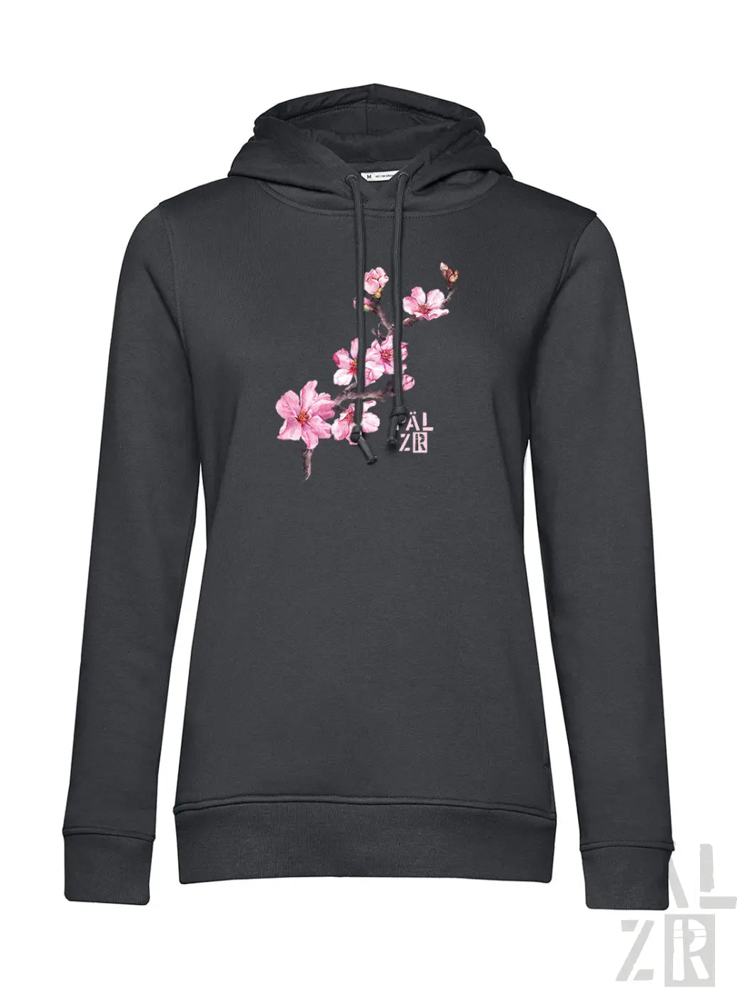 Schwarzer frauen hoodie mit zartem pinkem kirschblütendesign vorne aus der pälzr mandelzweig kollektion