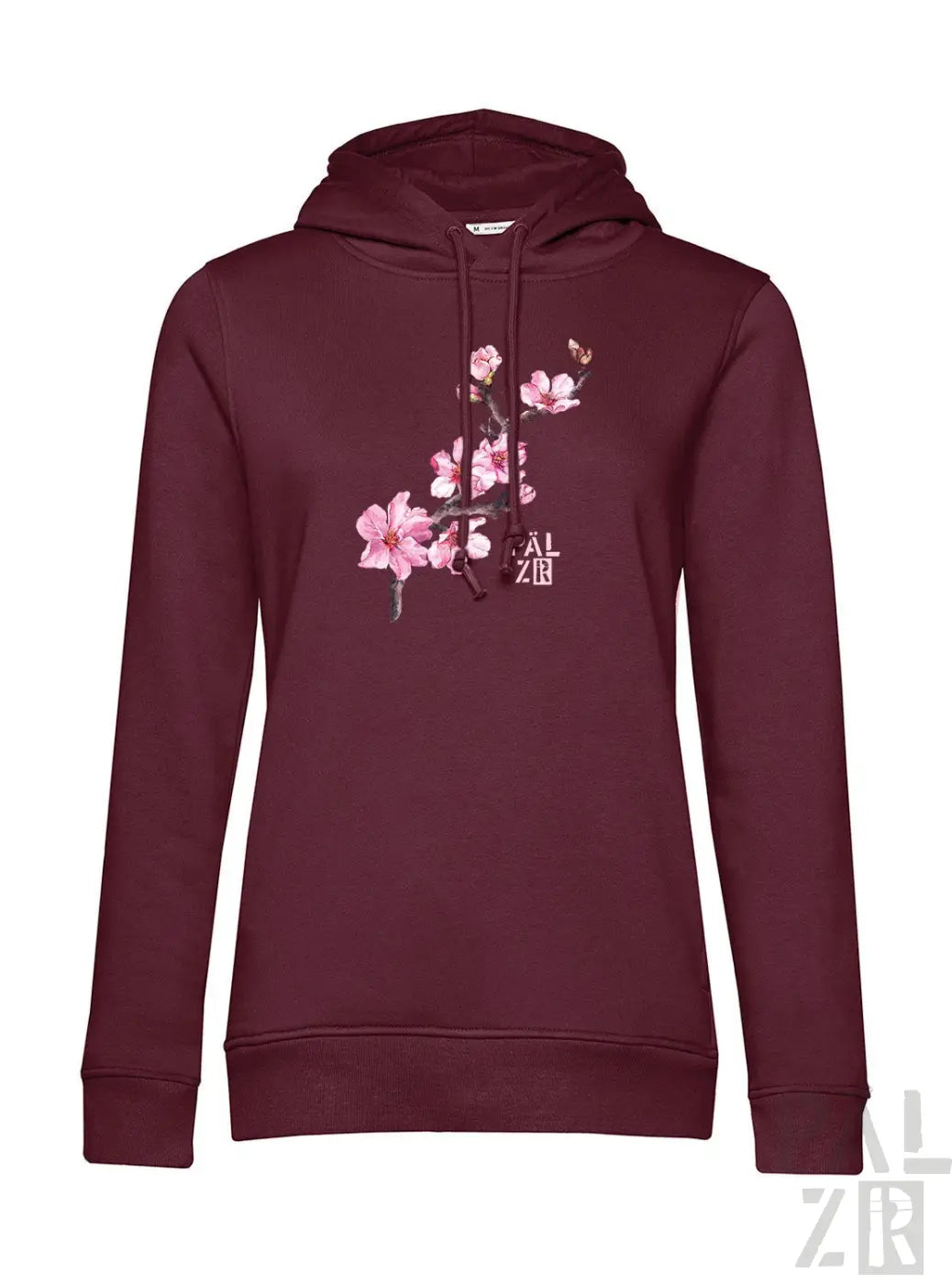 Frauen hoodie in kastanienbraun mit zartem rosa mandelzweig grafik auf der vorderseite