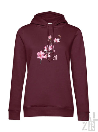 Frauen hoodie in kastanienbraun mit zartem rosa mandelzweig grafik auf der vorderseite