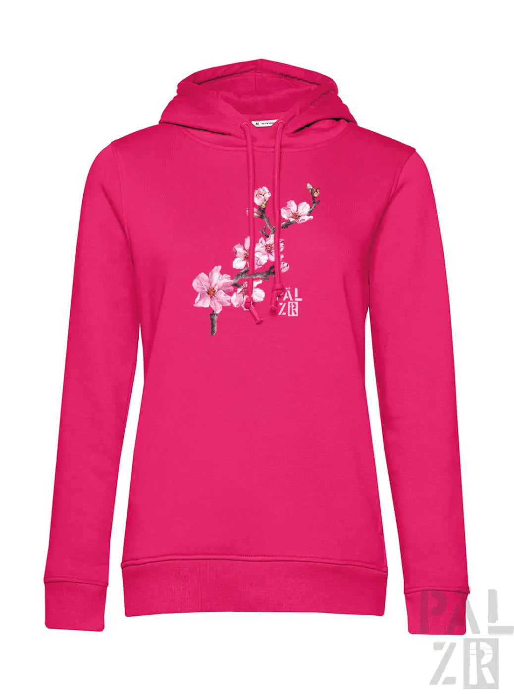 Frauen hoodie in leuchtendem fuchsia mit zartem rosa mandelzweig grafik vorn aus weichem material