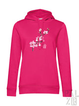 Frauen hoodie in leuchtendem fuchsia mit zartem rosa mandelzweig grafik vorn aus weichem material