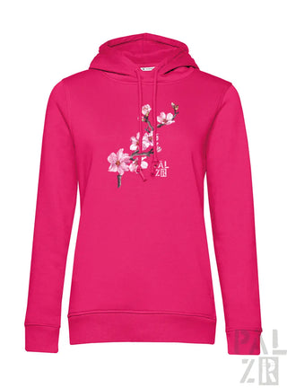 Frauen hoodie in leuchtendem fuchsia mit zartem rosa mandelzweig grafik vorn aus weichem material